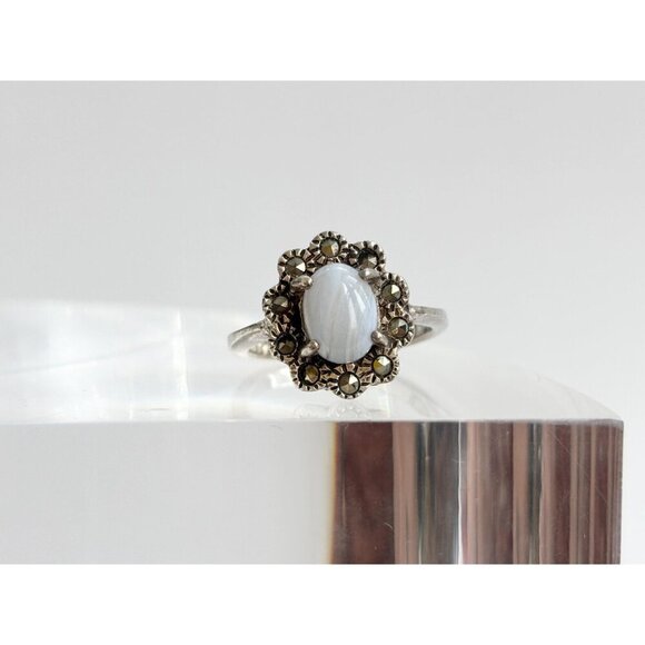 Art Deco Moonstone Marcasite Gemstone Sterling Silver Vintage Ring - sz 5 - Picture 2 of 10